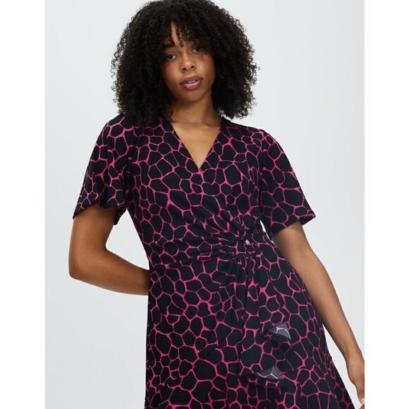 Michael Kors NWT Giraffe Flutter Mini Wrap Dress pink Black XS - Picture 5 of 7